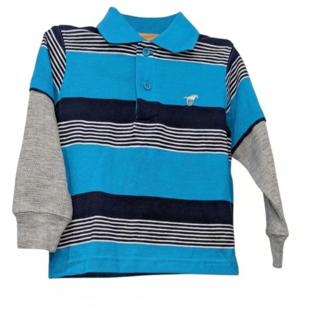 Wrangler Jeans Co Kids Long Sleeve Polo Shirt Blue Stripe Horse Embroidery 18 Mo